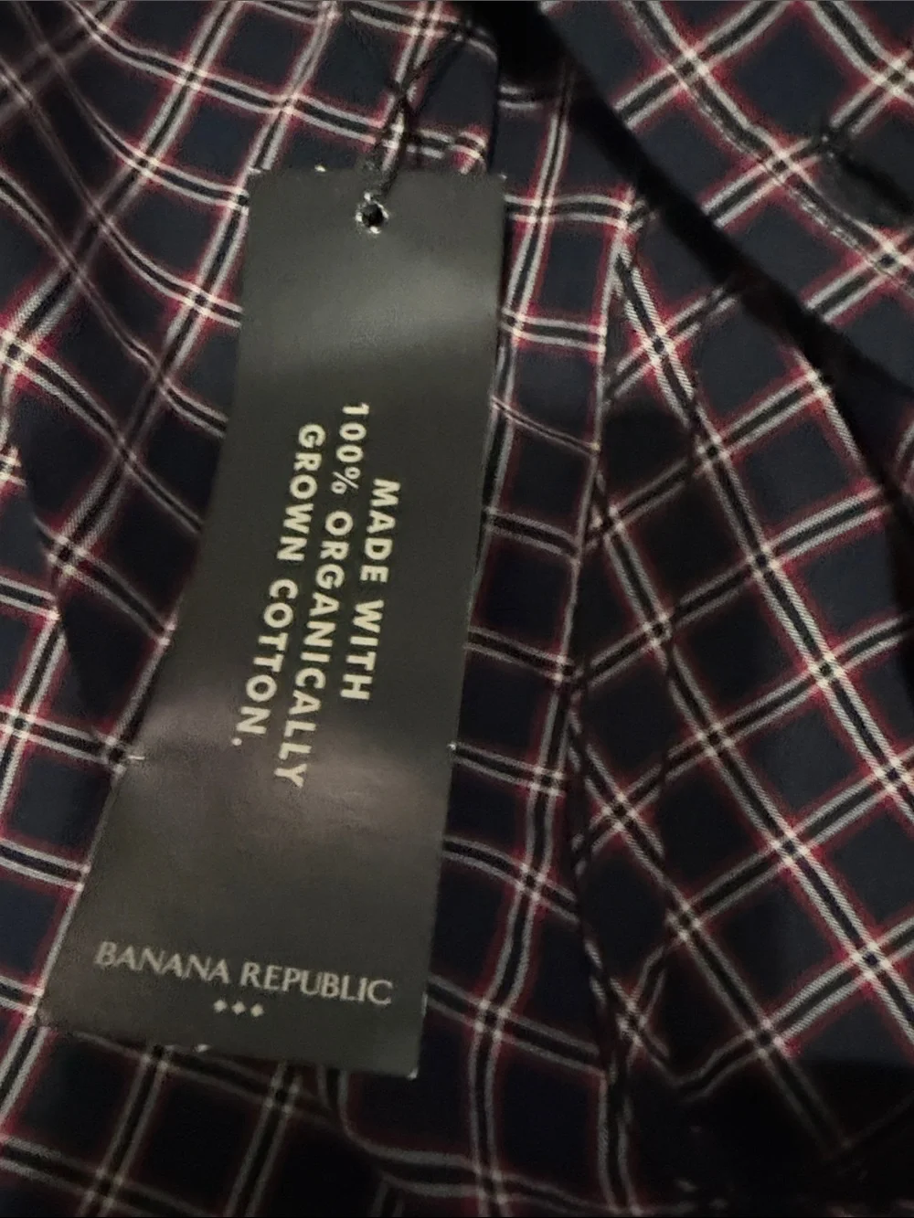 Men’s Banana Republic black Plaid Button-Up with Red and White Accents untucked